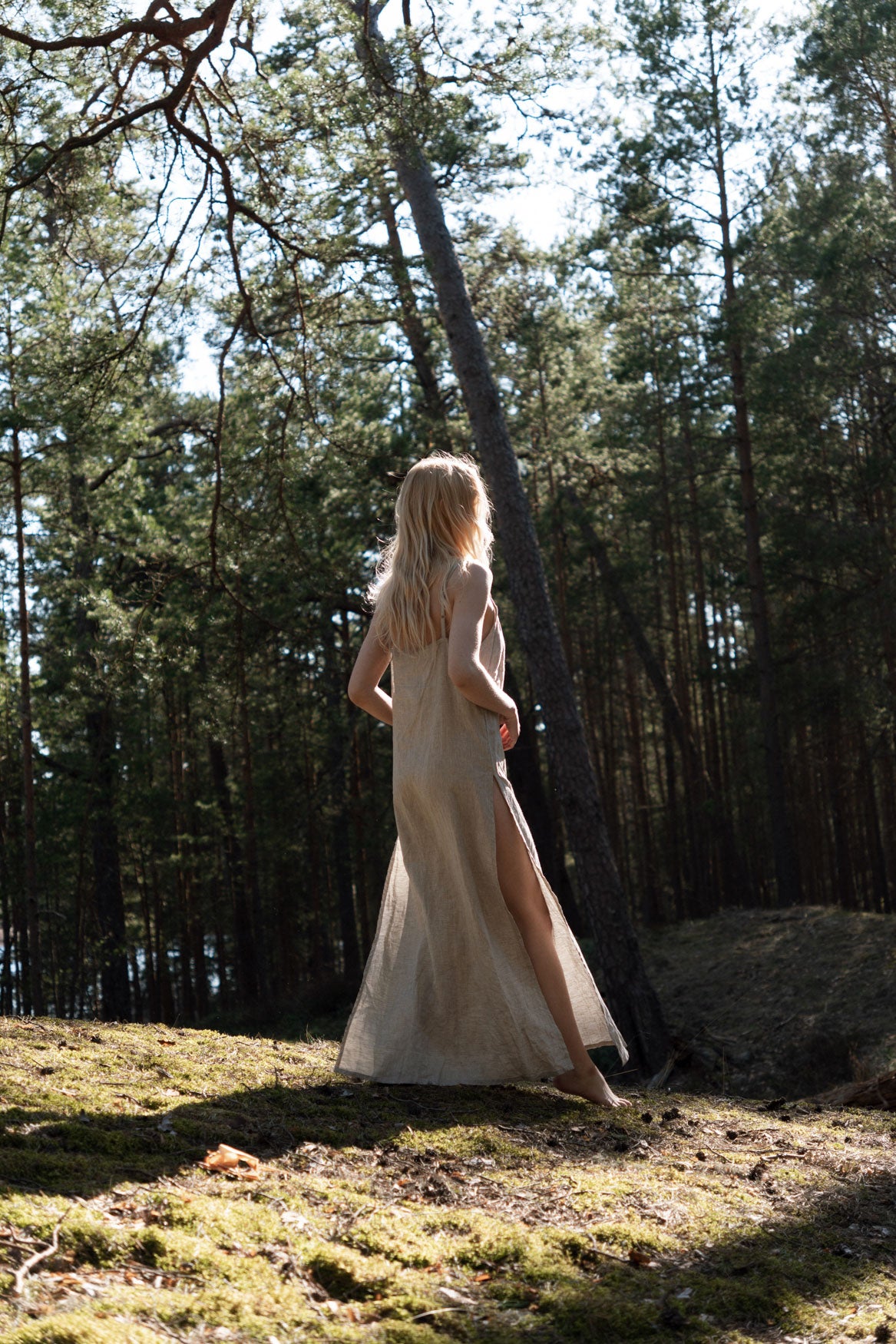 Organic, sustainable, sexy, long beige linen nightwear slip dress with spaghetti straps and splits. This linen lingerie nightdress is natural, comfortable, soft and pure. This sleepwear nightgown is a conscious and healthy choice for your body and environment.