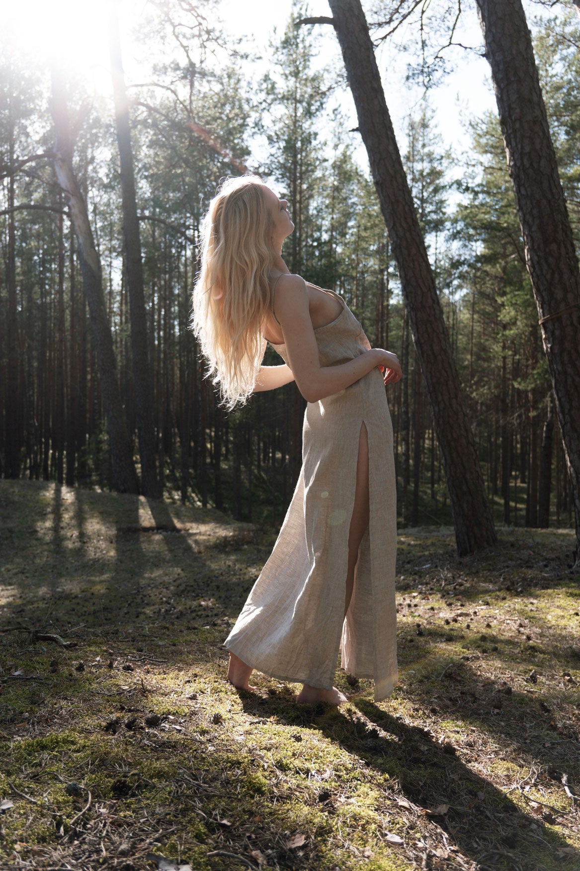 Organic, sustainable, sexy, long beige linen nightwear slip dress with spaghetti straps and splits. This linen lingerie nightdress is natural, comfortable, soft and pure. This sleepwear nightgown is a conscious and healthy choice for your body and environment.