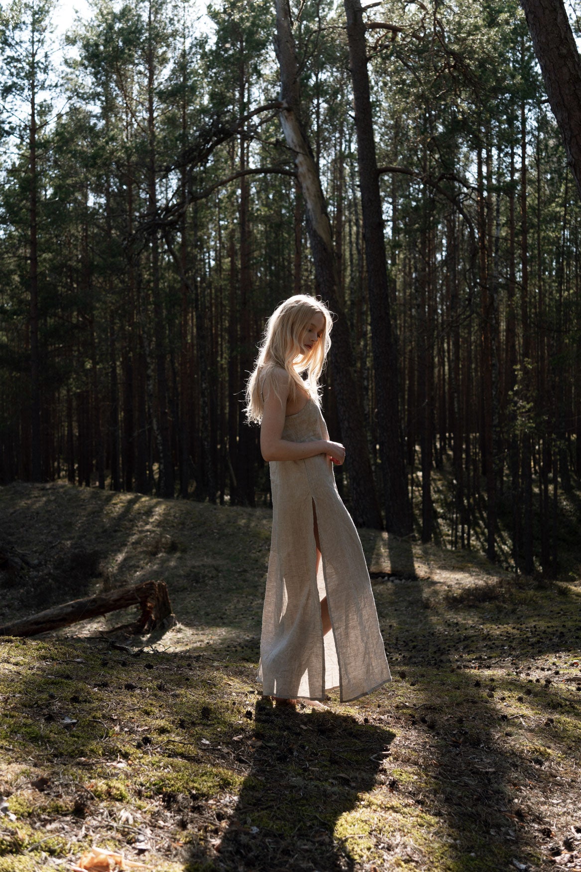 Organic, sustainable, sexy, long beige linen nightwear slip dress with spaghetti straps and splits. This linen lingerie nightdress is natural, comfortable, soft and pure. This sleepwear nightgown is a conscious and healthy choice for your body and environment.