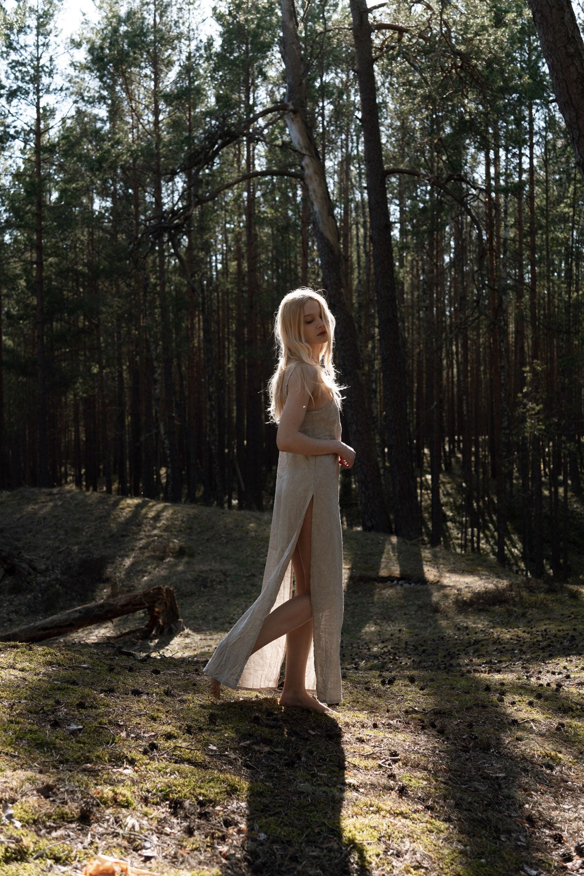 Organic, sustainable, sexy, long beige linen nightwear slip dress with spaghetti straps and splits. This linen lingerie nightdress is natural, comfortable, soft and pure. This sleepwear nightgown is a conscious and healthy choice for your body and environment.