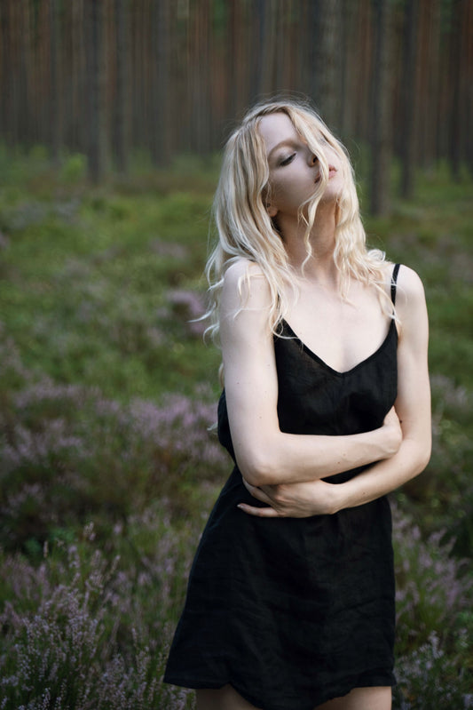 Organic, sustainable and sexy at the same time! Agasåga black short natural linen slip dress, nightdress with straps. This sleepwear is natural, soft, breathable and pure. It’s a conscious and healthy choice for your body and environment that embraces genuine selflove and selfcare. Handmade with love in the North.