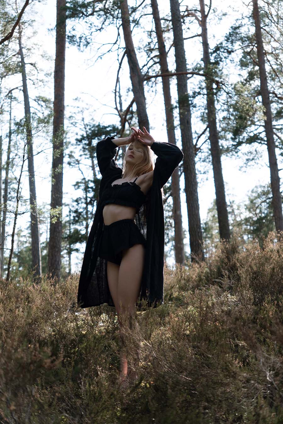 Organic, sustainable and sexy at the same time! Agasåga set of a black cute bralette with frills, little shorts with high waist and an oversized coat/robe dress with fluffy 3/4 sleeves. These garments are natural, soft, breathable and pure. It’s a conscious and healthy choice for your body and environment that embraces genuine selflove and selfcare. Handmade with love in the North.