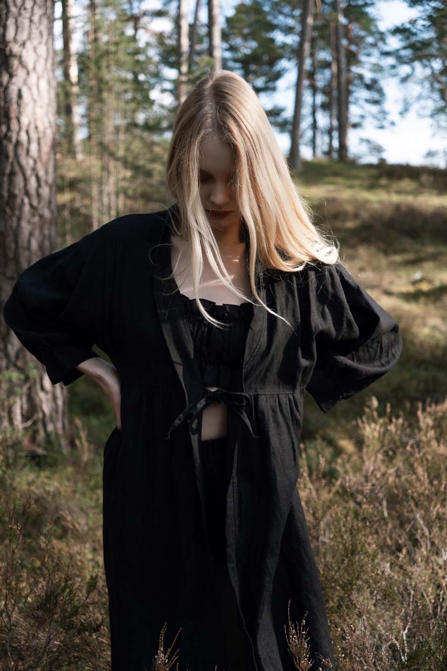 Organic, sustainable and sexy at the same time! Agasåga set of a black cute bralette with frills, little shorts with high waist and an oversized coat/robe dress with fluffy 3/4 sleeves. These garments are natural, soft, breathable and pure. It’s a conscious and healthy choice for your body and environment that embraces genuine selflove and selfcare. Handmade with love in the North.