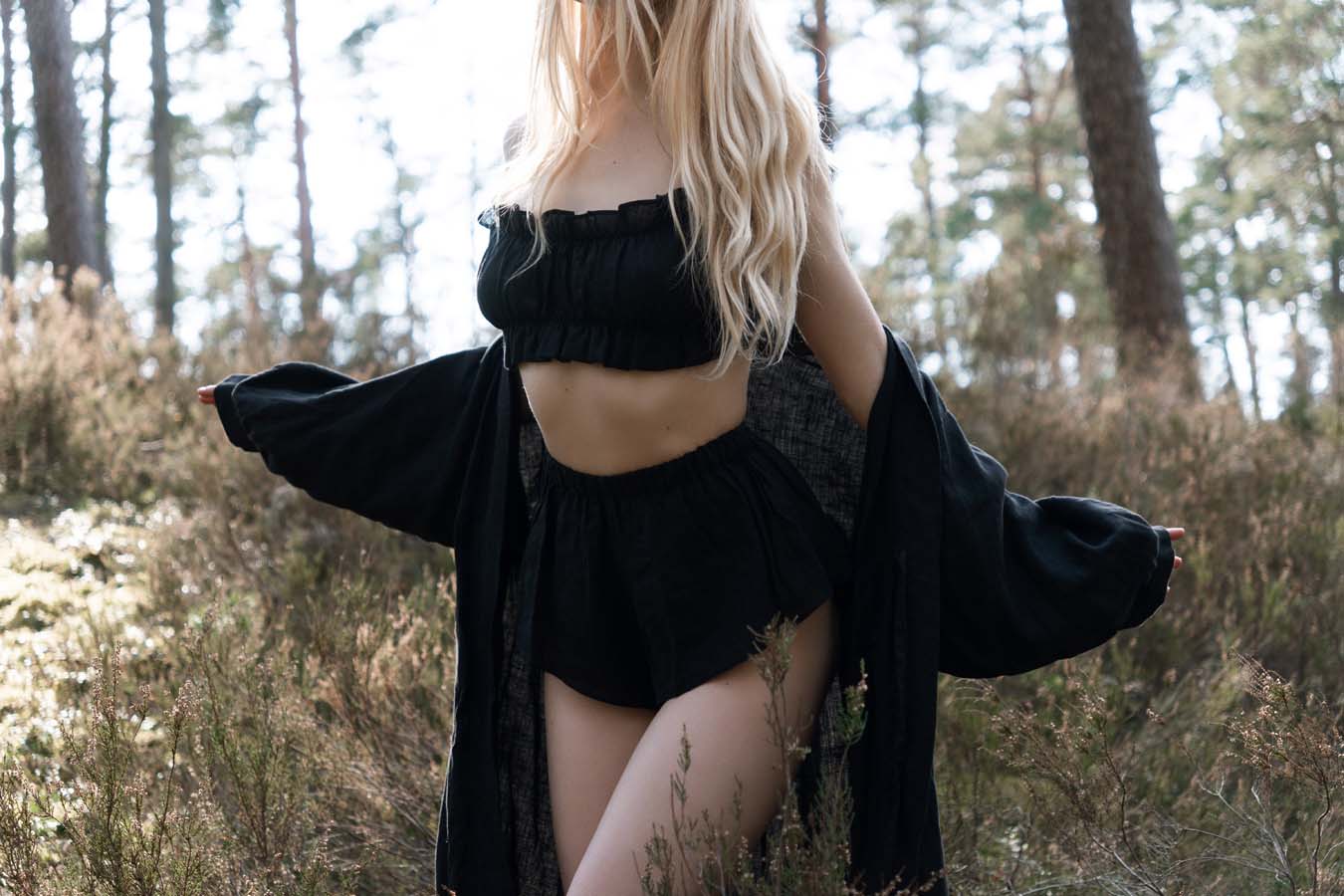 Organic, sustainable and sexy at the same time! Agasåga set of a black cute bralette with frills, little shorts with high waist and an oversized coat/robe dress with fluffy 3/4 sleeves. These garments are natural, soft, breathable and pure. It’s a conscious and healthy choice for your body and environment that embraces genuine selflove and selfcare. Handmade with love in the North.