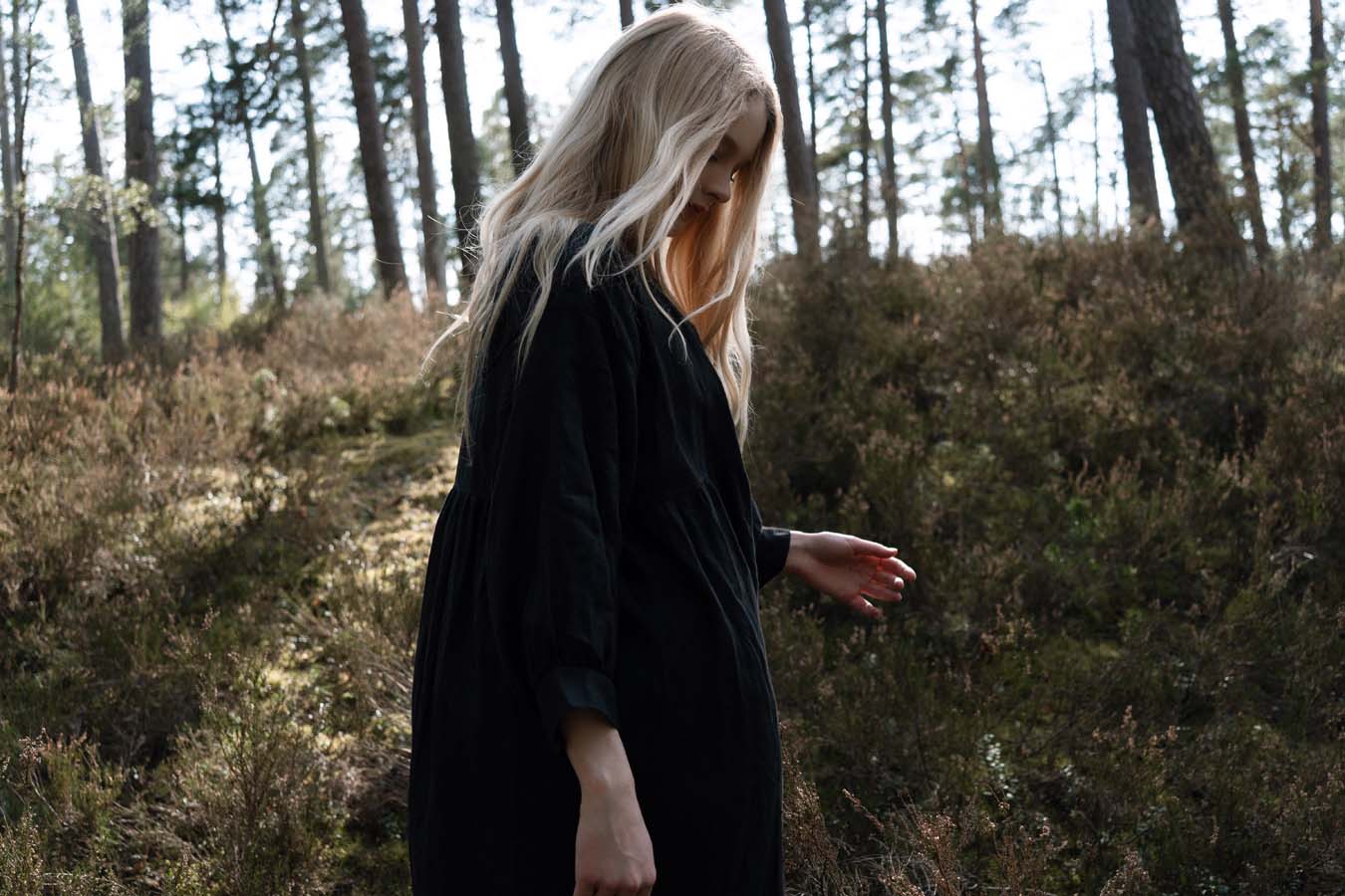 Organic, sustainable and sexy at the same time! Agasåga set of a black cute bralette with frills, little shorts with high waist and an oversized coat/robe dress with fluffy 3/4 sleeves. These garments are natural, soft, breathable and pure. It’s a conscious and healthy choice for your body and environment that embraces genuine selflove and selfcare. Handmade with love in the North.
