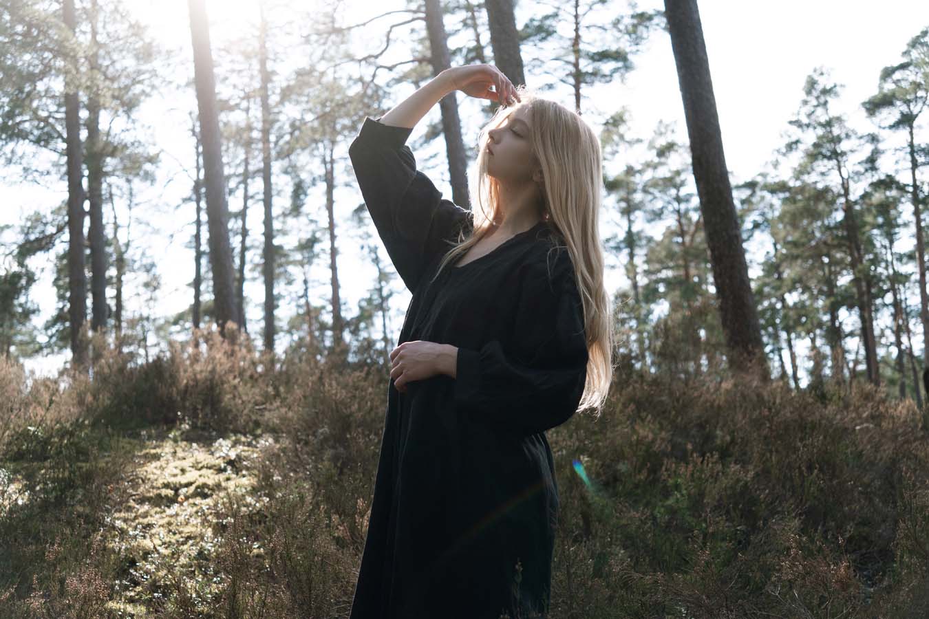 Organic, sustainable and sexy at the same time! Agasåga set of a black cute bralette with frills, little shorts with high waist and an oversized coat/robe dress with fluffy 3/4 sleeves. These garments are natural, soft, breathable and pure. It’s a conscious and healthy choice for your body and environment that embraces genuine selflove and selfcare. Handmade with love in the North.