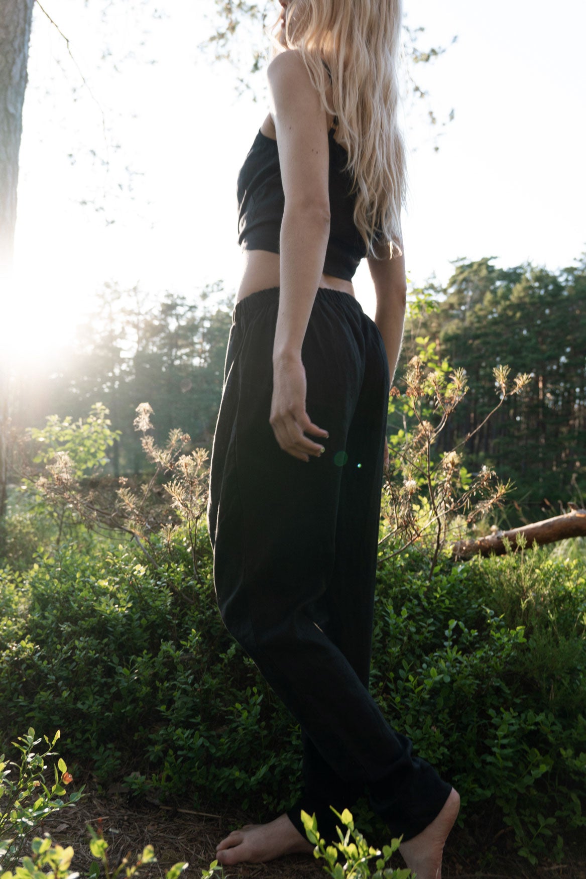 Organic, sustainable black linen pants and top that can be worn as a loungewear, pajamas or sweatpants with a top. These pants are natural, comfortable, soft and pure. These pants are a conscious and healthy choice for your body and environment. Handmade in the North.