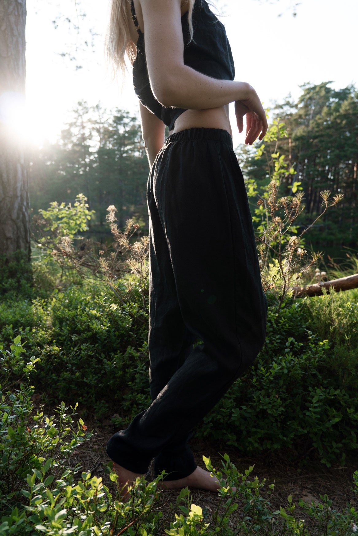 Organic, sustainable black linen pants and top that can be worn as a loungewear, pajamas or sweatpants with a top. These pants are natural, comfortable, soft and pure. These pants are a conscious and healthy choice for your body and environment. Handmade in the North.