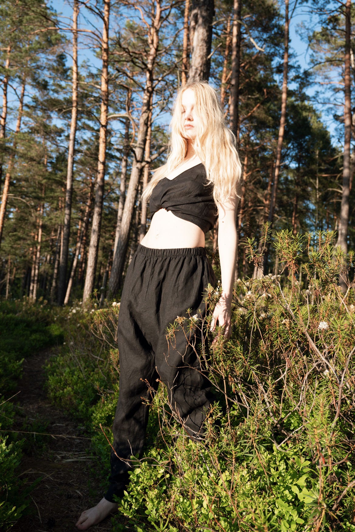 Organic, sustainable black linen pants and top that can be worn as a loungewear, pajamas or sweatpants with a top. These pants are natural, comfortable, soft and pure. These pants are a conscious and healthy choice for your body and environment. Handmade in the North.