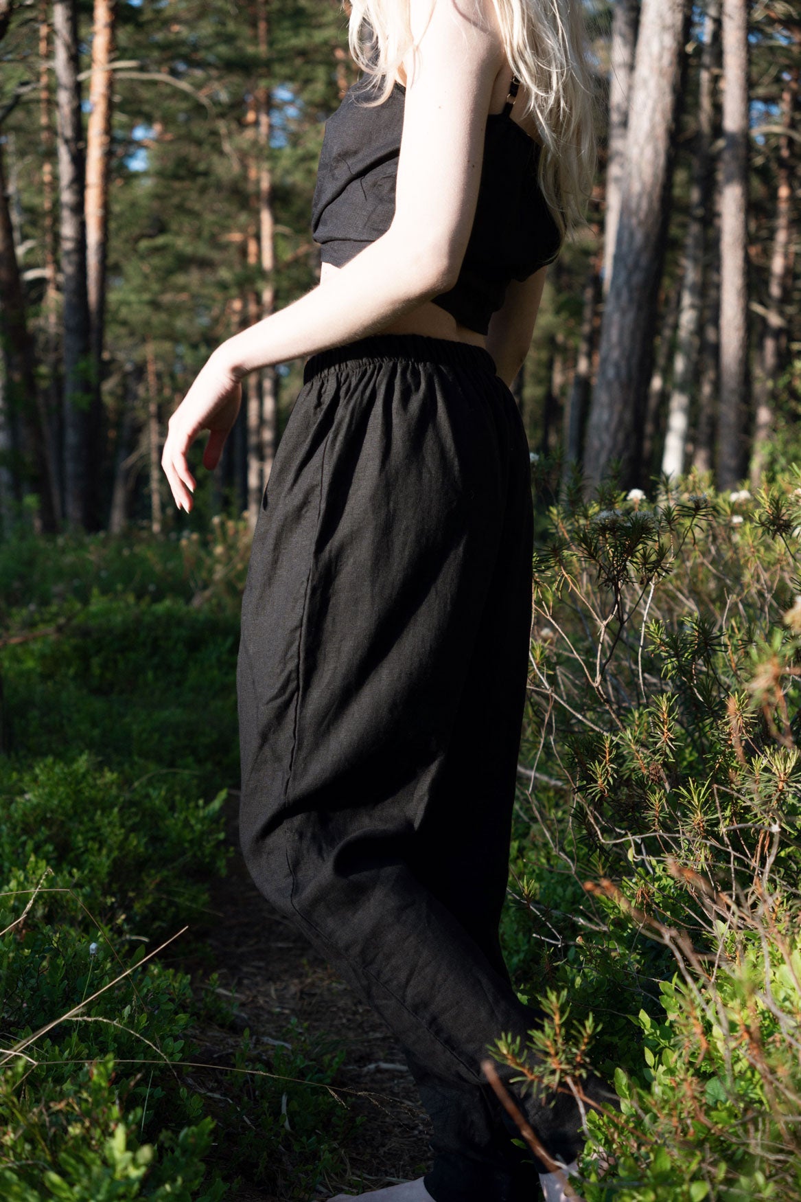 Organic, sustainable black linen pants and top that can be worn as a loungewear, pajamas or sweatpants with a top. These pants are natural, comfortable, soft and pure. These pants are a conscious and healthy choice for your body and environment. Handmade in the North.