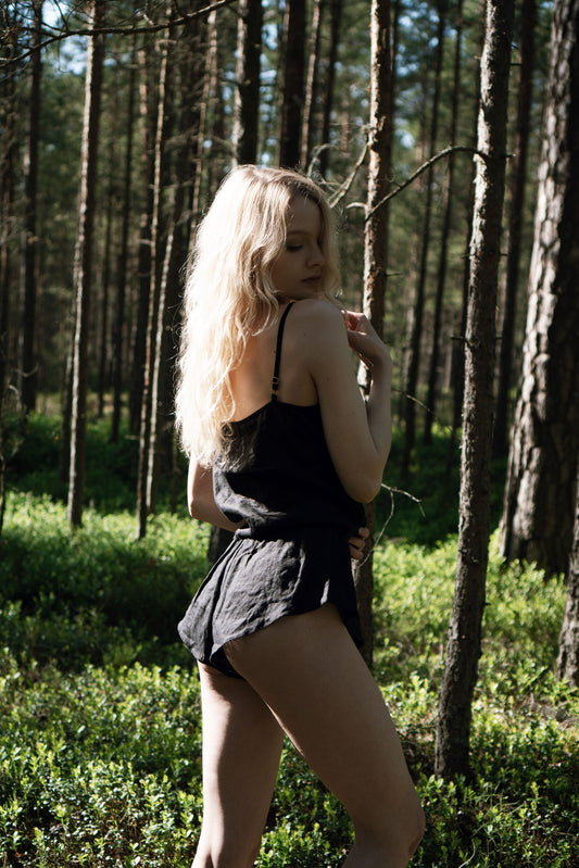 Organic, sustainable and sexy at the same time! Agasåga black natural linen nightwear set with shorts and camisole top. This sleepwear is natural, soft, breathable and pure. It’s a conscious and healthy choice for your body and environment that embraces genuine selflove and selfcare. Handmade with love in the North.