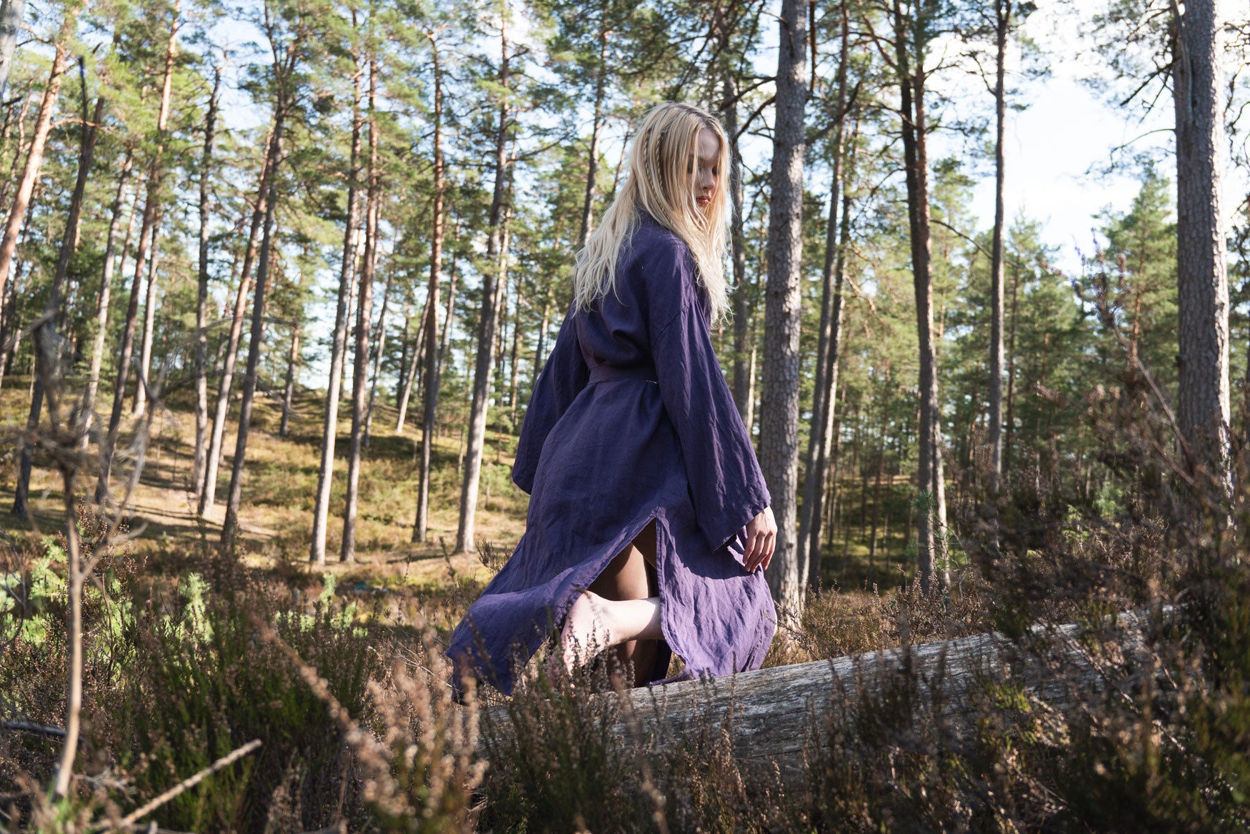 Organic, sustainable and sexy at the same time! Agasåga long purple kimono with splits, long sleeves and belt. Below knee length bathrobe. This robe is natural, soft, breathable and pure. It’s a conscious and healthy choice for your body and environment that embraces genuine selflove and selfcare. Handmade with love in the North.