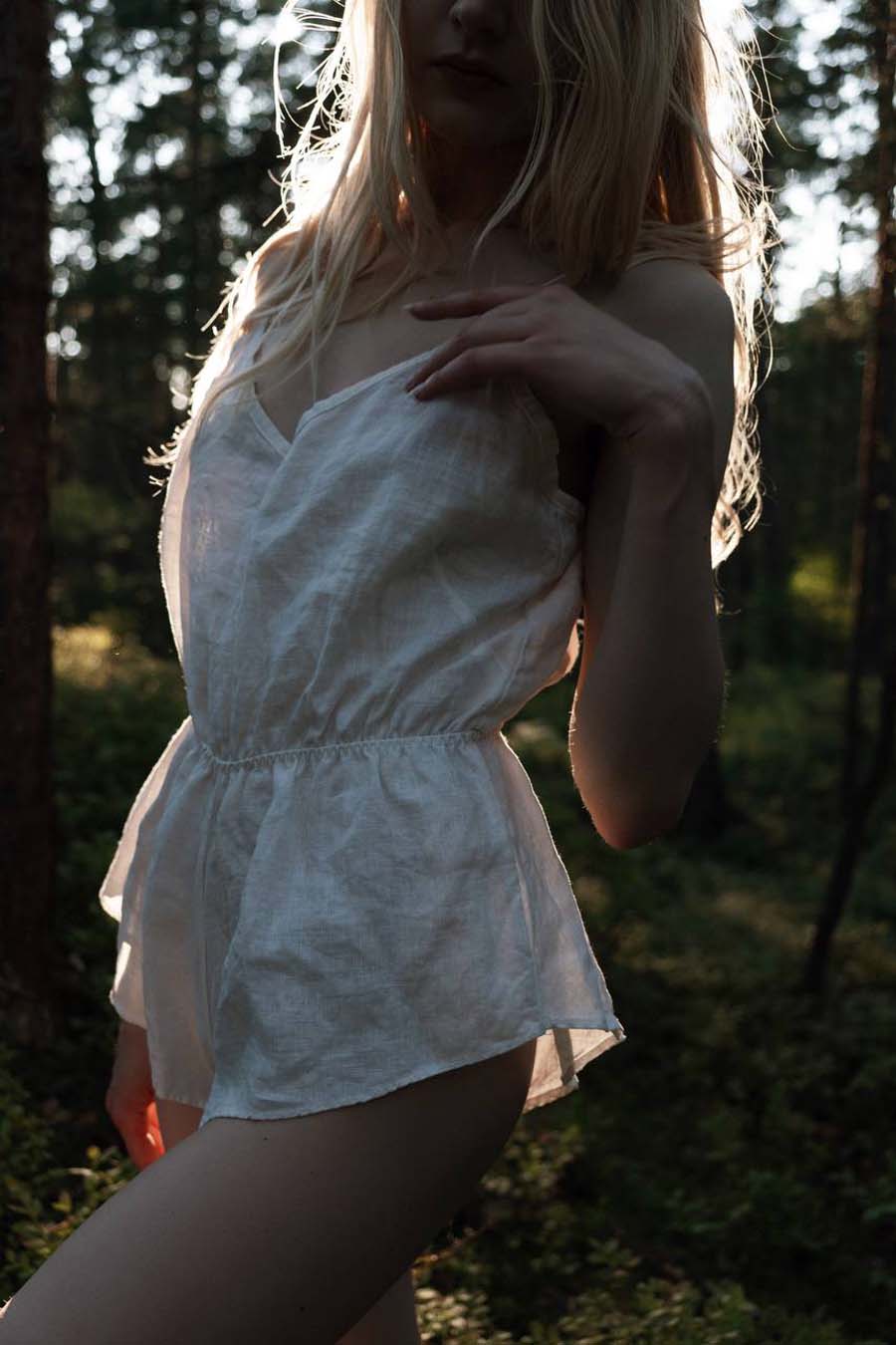 Organic, sustainable, tiny white linen playsuit with spaghetti straps. This linen jumpsuit is natural, comfortable, soft and pure. It can be worn as a loungewear. This garment is a conscious, healthy choice for your body, environment.