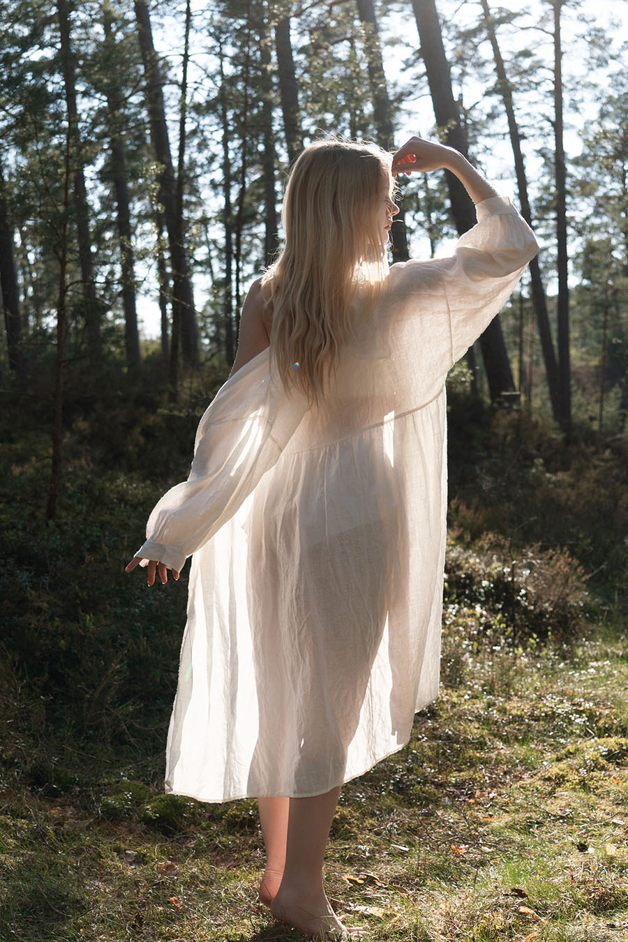 Organic, sustainable and sexy at the same time! Agasåga set of a white cute bralette with frills, little shorts with high waist and an oversized coat/robe dress with fluffy 3/4 sleeves. These garments are natural, soft, breathable and pure. It’s a conscious and healthy choice for your body and environment that embraces genuine selflove and selfcare. Handmade with love in the North.