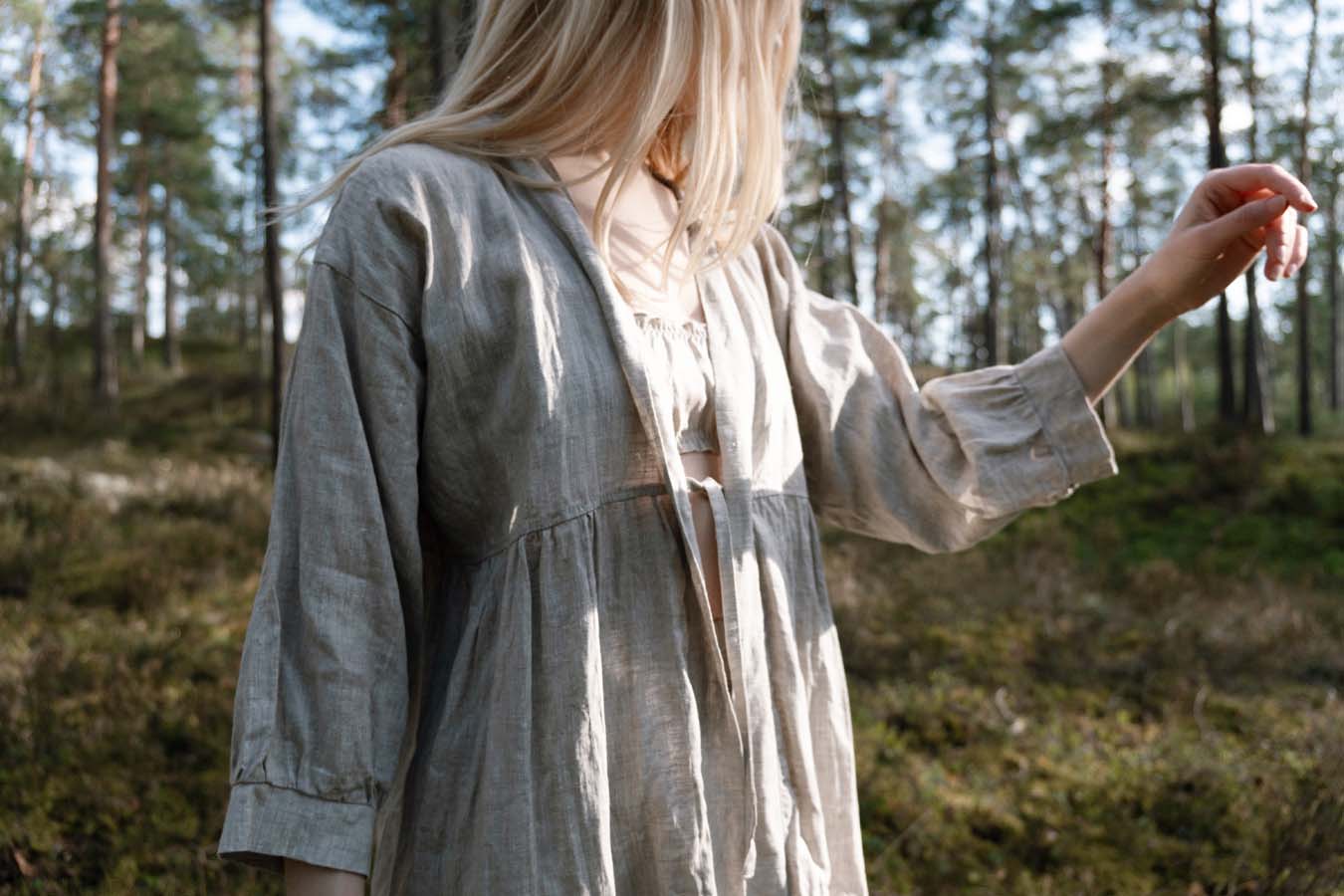 CLOUDBERRY ᛟ beige organic linen coat dress with a set of bralette and shorts