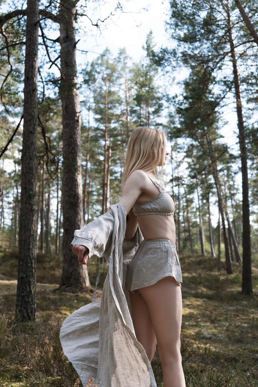 Organic, sustainable and sexy at the same time! Agasåga set of a white cute bralette with frills, little shorts with high waist and an oversized coat/robe dress with fluffy 3/4 sleeves. These garments are natural, soft, breathable and pure. It’s a conscious and healthy choice for your body and environment that embraces genuine selflove and selfcare. Handmade with love in the North.