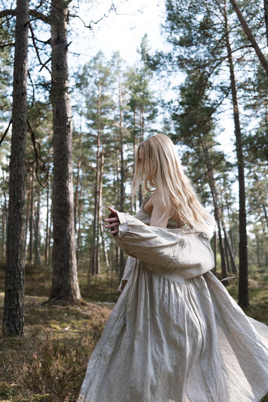 Organic, sustainable and sexy at the same time! Agasåga set of a white cute bralette with frills, little shorts with high waist and an oversized coat/robe dress with fluffy 3/4 sleeves. These garments are natural, soft, breathable and pure. It’s a conscious and healthy choice for your body and environment that embraces genuine selflove and selfcare. Handmade with love in the North.