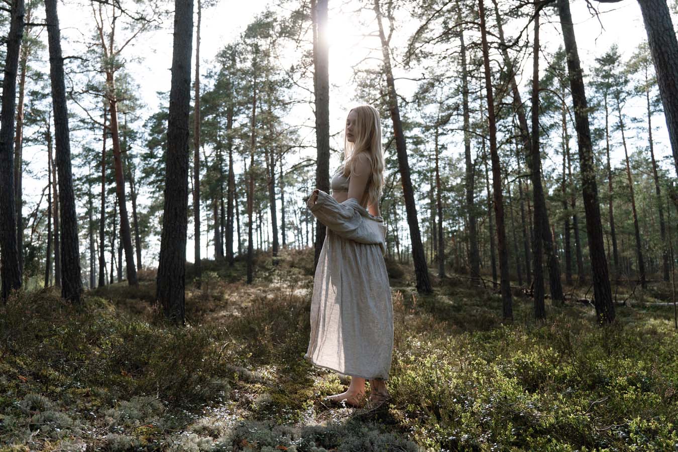 Organic, sustainable and sexy at the same time! Agasåga set of a white cute bralette with frills, little shorts with high waist and an oversized coat/robe dress with fluffy 3/4 sleeves. These garments are natural, soft, breathable and pure. It’s a conscious and healthy choice for your body and environment that embraces genuine selflove and selfcare. Handmade with love in the North.