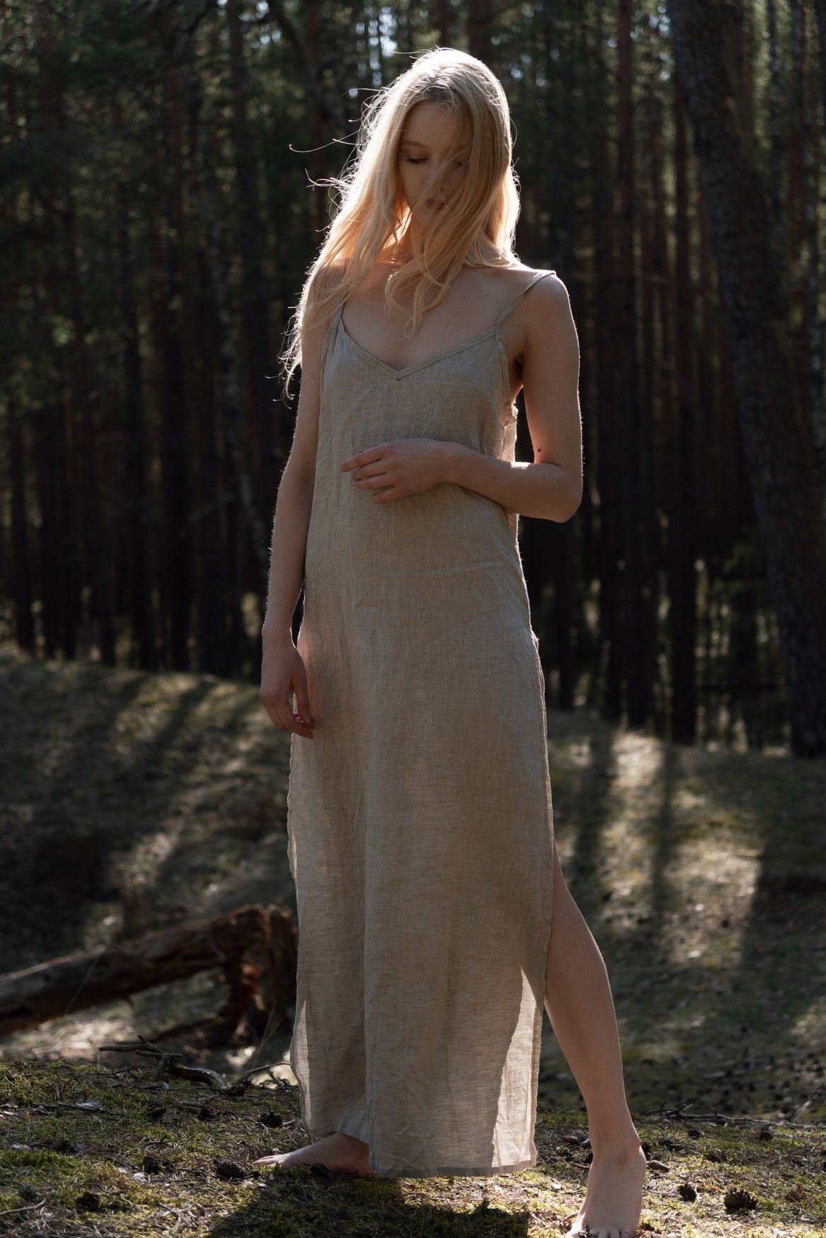 Organic, sustainable, sexy, long beige linen nightwear slip dress with spaghetti straps and splits. This linen lingerie nightdress is natural, comfortable, soft and pure. This sleepwear nightgown is a conscious and healthy choice for your body and environment.