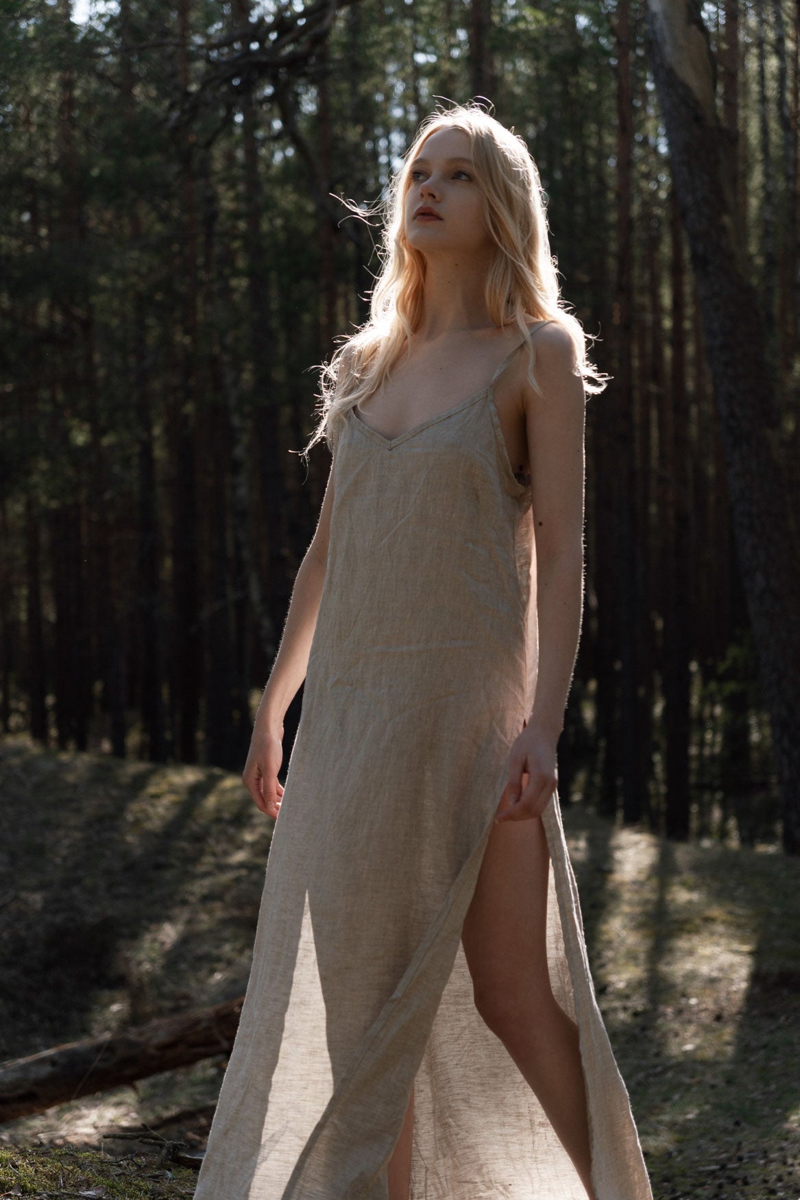 Organic, sustainable, sexy, long beige linen nightwear slip dress with spaghetti straps and splits. This linen lingerie nightdress is natural, comfortable, soft and pure. This sleepwear nightgown is a conscious and healthy choice for your body and environment.