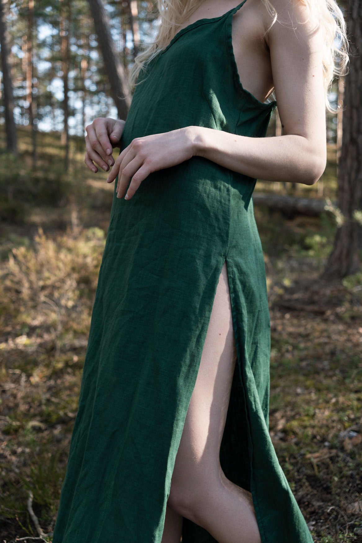 Organic, sustainable, sexy, long green linen nightwear slip dress with spaghetti straps and splits. This linen lingerie nightdress is natural, comfortable, soft and pure. This sleepwear nightgown is a conscious and healthy choice for your body and environment.