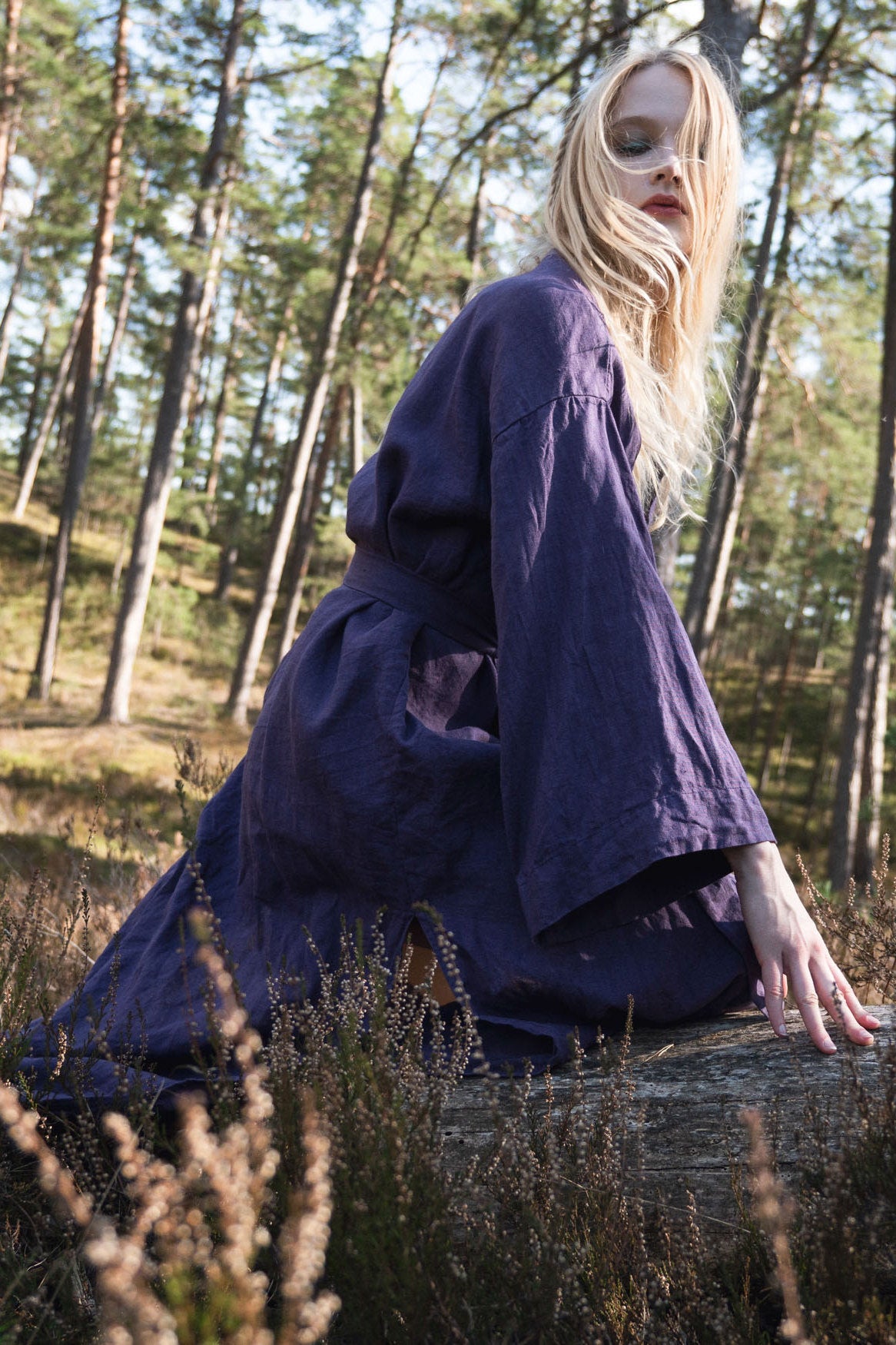 Organic, sustainable and sexy at the same time! Agasåga long purple kimono with splits, long sleeves and belt. Below knee length bathrobe. This robe is natural, soft, breathable and pure. It’s a conscious and healthy choice for your body and environment that embraces genuine selflove and selfcare. Handmade with love in the North.