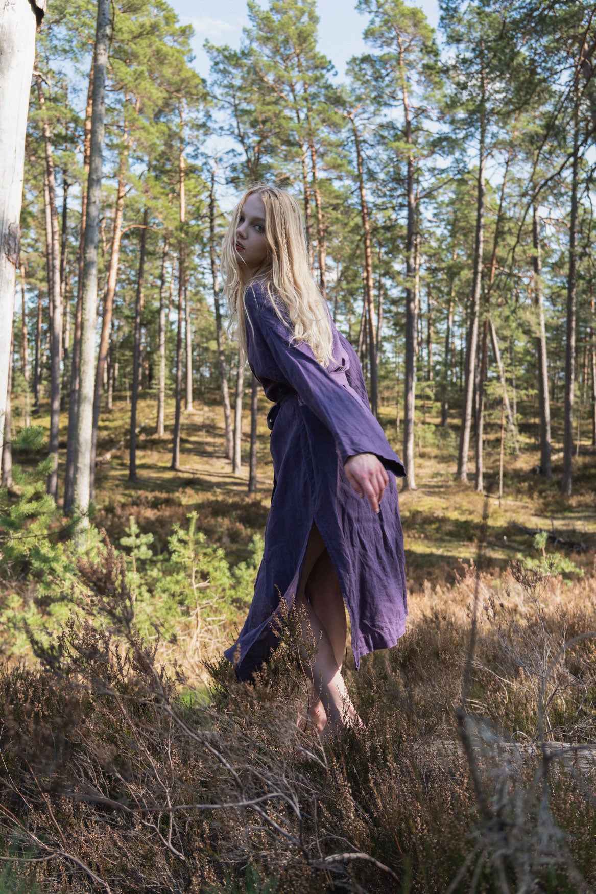 Organic, sustainable and sexy at the same time! Agasåga long purple kimono with splits, long sleeves and belt. Below knee length bathrobe. This robe is natural, soft, breathable and pure. It’s a conscious and healthy choice for your body and environment that embraces genuine selflove and selfcare. Handmade with love in the North.