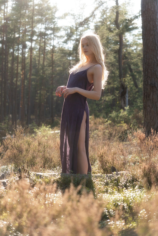 Organic, sustainable, sexy, long purple linen nightwear slip dress with spaghetti straps and splits. This linen lingerie nightdress is natural, comfortable, soft and pure. This sleepwear nightgown is a conscious and healthy choice for your body and environment.