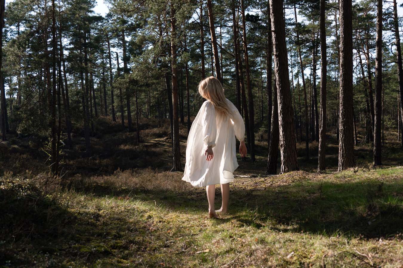 Organic, sustainable and sexy at the same time! Agasåga set of a white cute bralette with frills, little shorts with high waist and an oversized coat/robe dress with fluffy 3/4 sleeves. These garments are natural, soft, breathable and pure. It’s a conscious and healthy choice for your body and environment that embraces genuine selflove and selfcare. Handmade with love in the North.